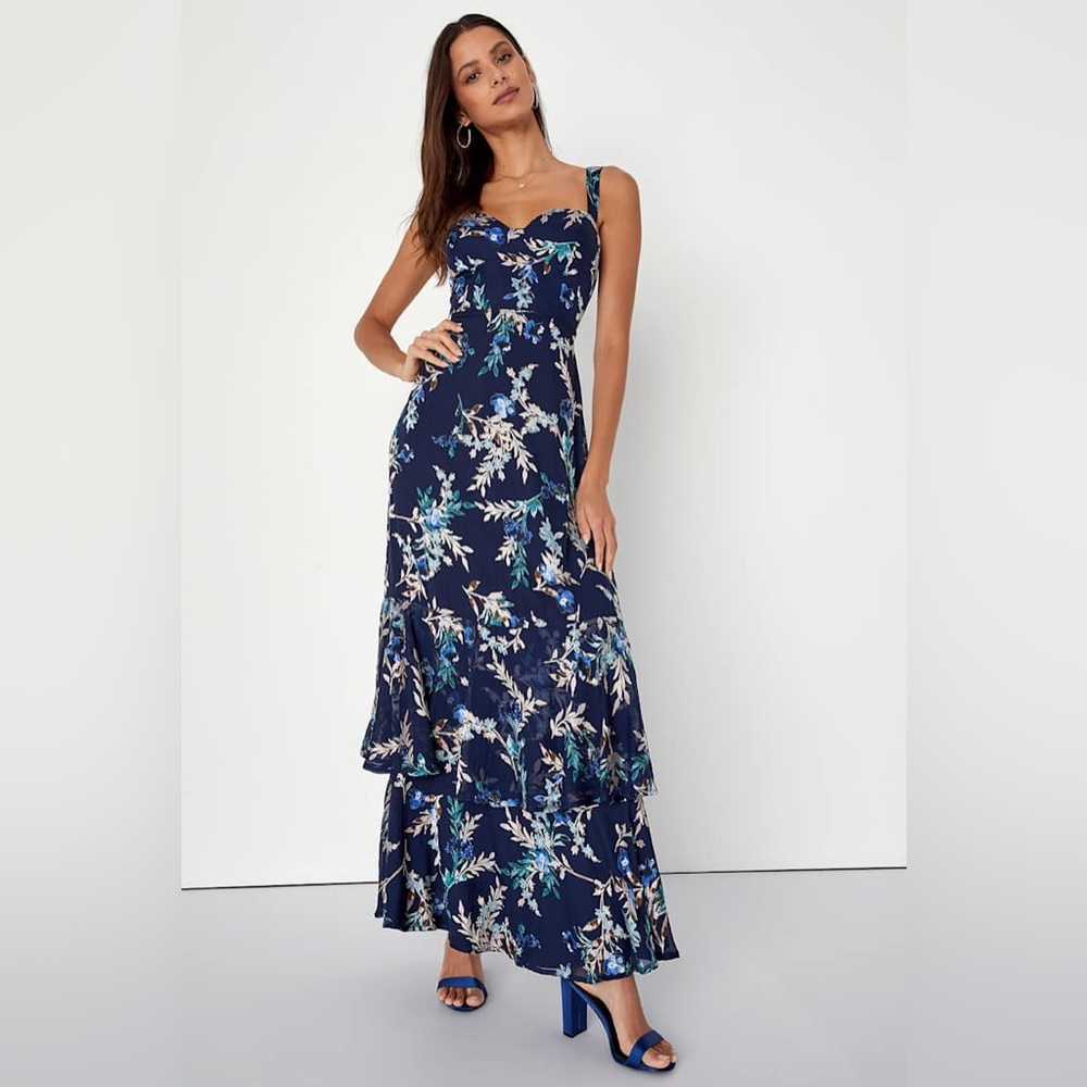 Lulu’s Stunning Sweetness Navy Blue Floral Velvet 2 Tier Ruffle Burnout Maxi XL